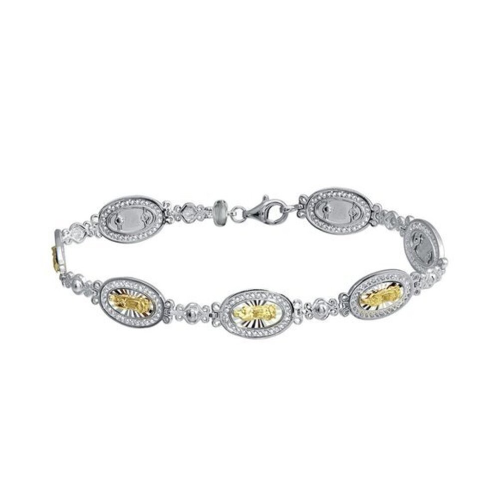 Gold Plated and Sterling Silver Oval Mary Link Tennis Mary Bracelet 7" inches